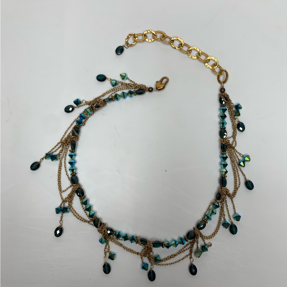 handmade necklace, blue iridescent beads, choker but adjustable